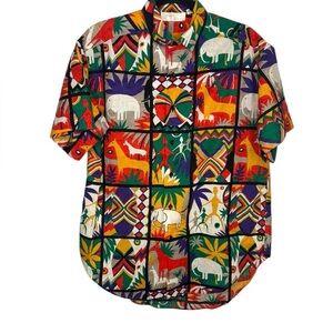 VTG Gottex Art to Wear Safari Animal Design Button Front Short Sleeve Shirt Med